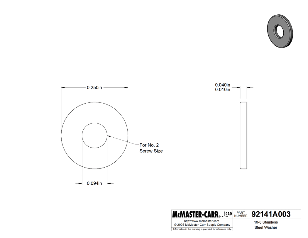 Technical Drawing of 18-8 Stainless Steel Washer, for Number 2 Screw, General Purpose, 0.094" ID, 0.250" OD.